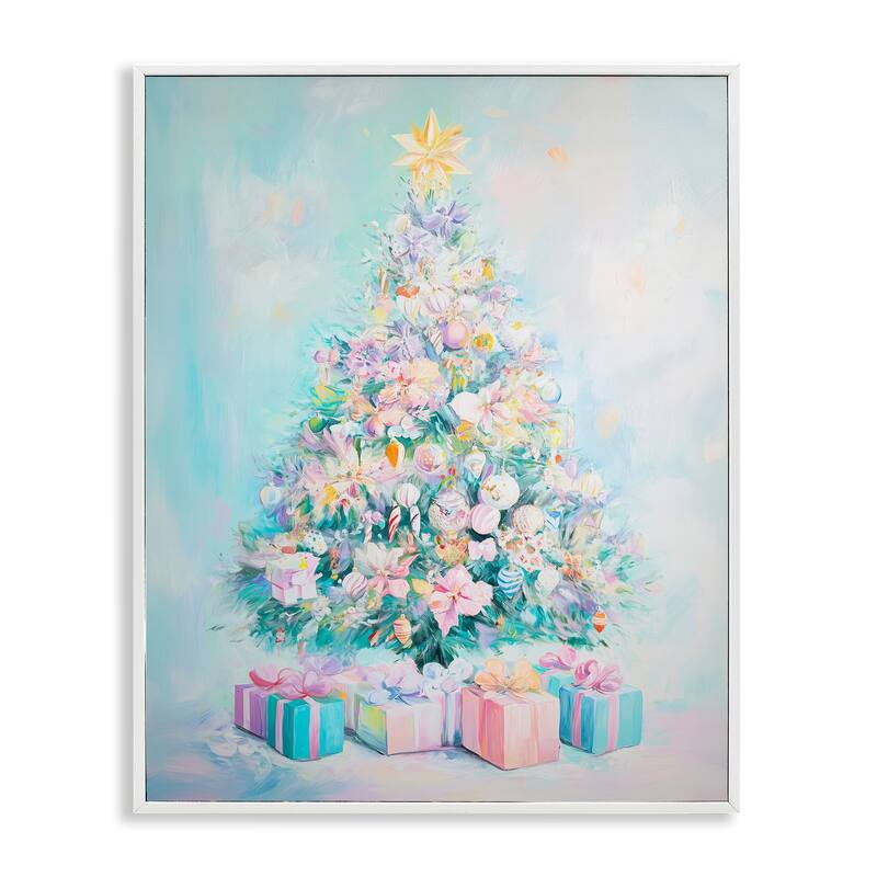 Stupell Pastel Christmas Tree on Blue Framed Giclee Art Design By Arlington Prints - 24 x 30 - White