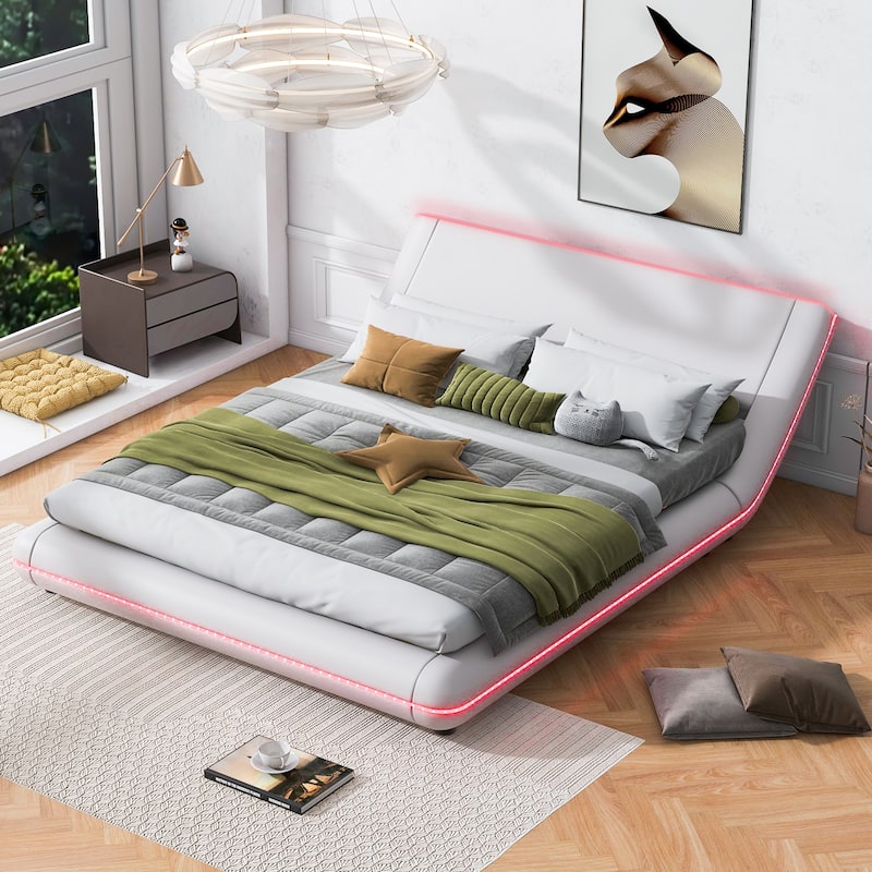 Full Sleigh Shaped Grounded Bed Frame Platform Bed with LED Belt and