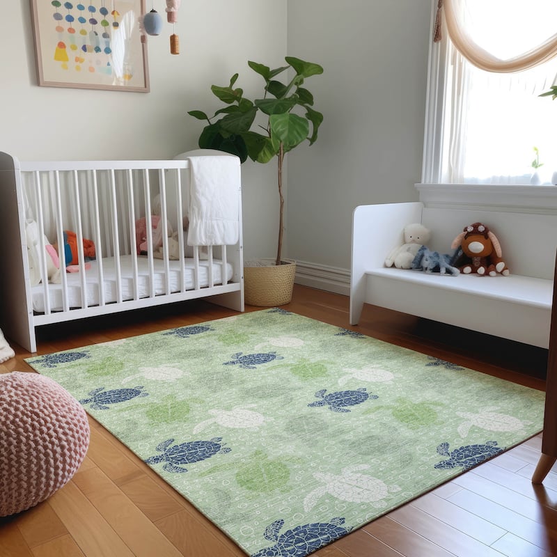 Premium Washable Super Soft Coastal Turtles Mayfield Rug - Green - 5' x 7' 6" - Rectangle