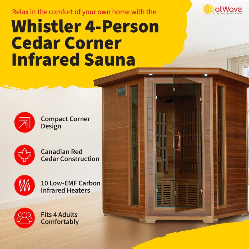 HeatWave Whistler 4-Person Cedar Corner Infrared Sauna with 10 Carbon Heaters