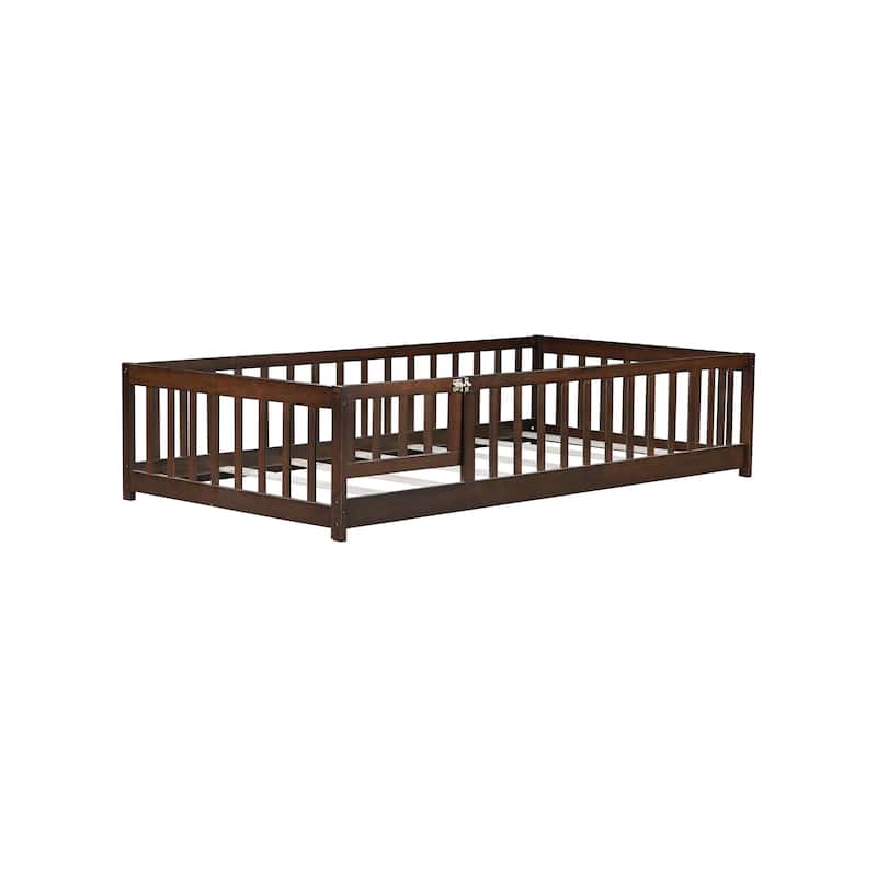 Twin Size Floor Bed with Fence and Door,Rubber Wood Floor Bed with Safety Guardrails