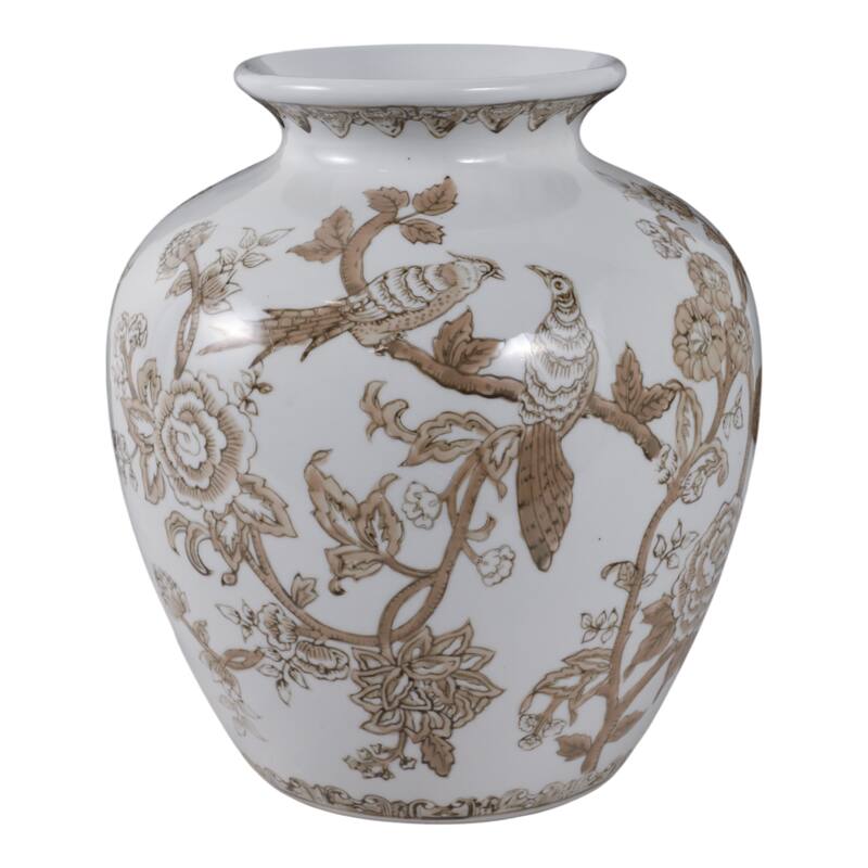 Decorative Ceramic Chinoiserie Flower Vase - White & Brown, 10"