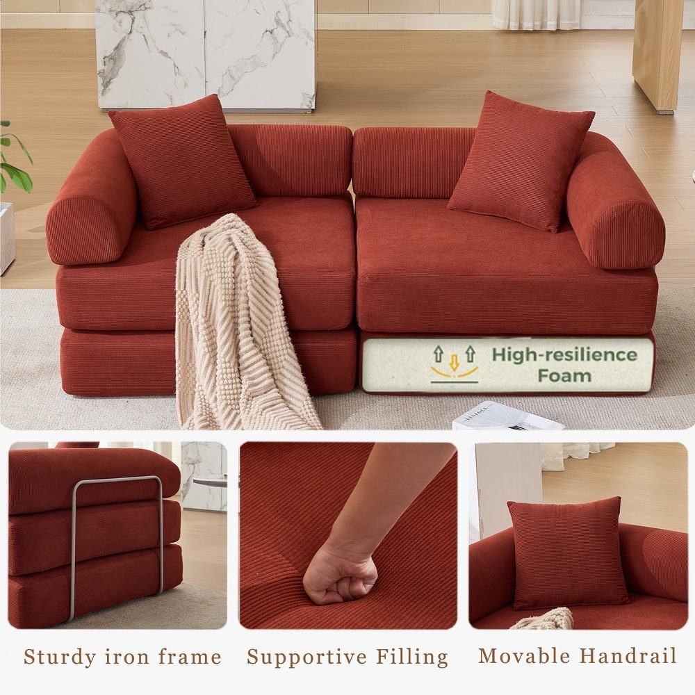 Folding Mattress Lounge Sofa with Corduroy Cushions, Convertible Sofa Bed Sleeper Sofa with Removable Armrests