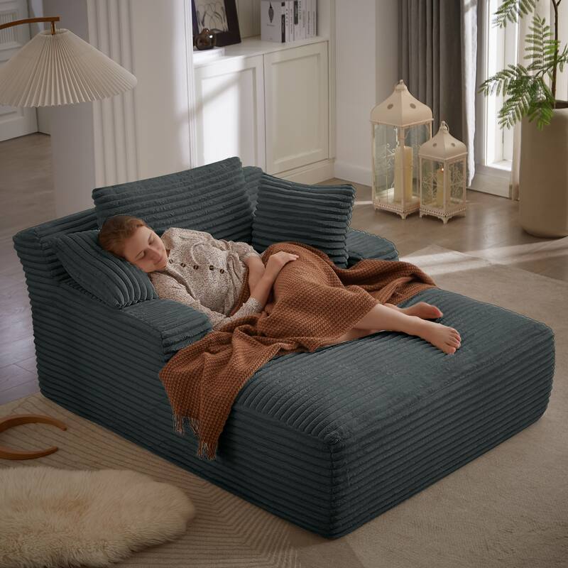 Comfy Sleeper Sofa Corduroy Upholstered Chaise Lounge with Pillows - Dark Grey