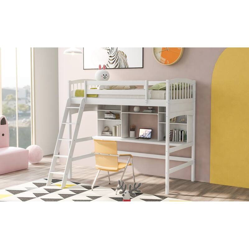 Twin Size Loft Bed with Storage Shelves, Desk and Ladder in White