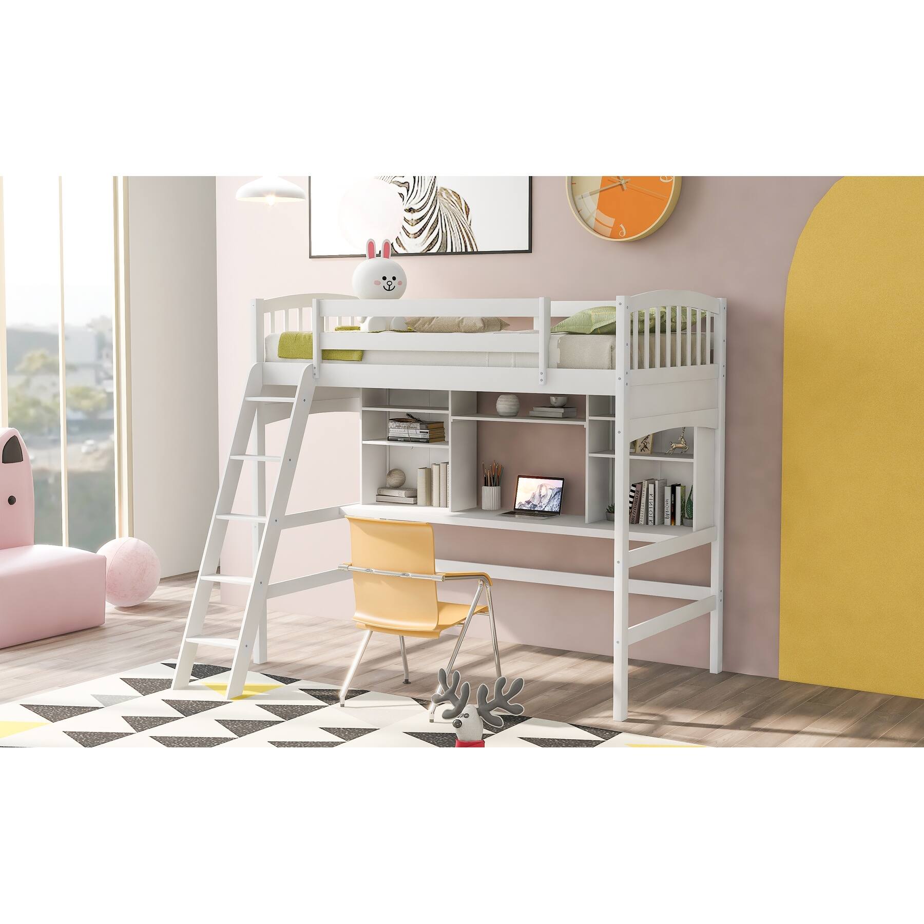 White Solid Wood Twin Size Loft Bed with Desk, Shelves, and Ladder