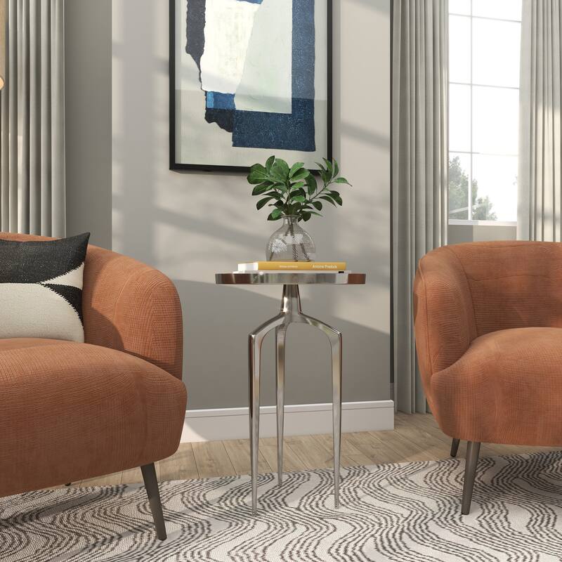 Silver Aluminum Metal Slim Tray Top Accent Table with Tripod Legs
