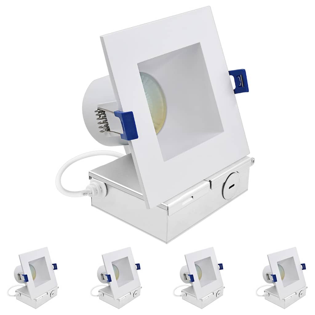 Luxrite 4 in. Square LED Recessed Ceiling Light J-Box 12W 5CCT 1060 Lumens Wet Rated IC Rated 4 Pack