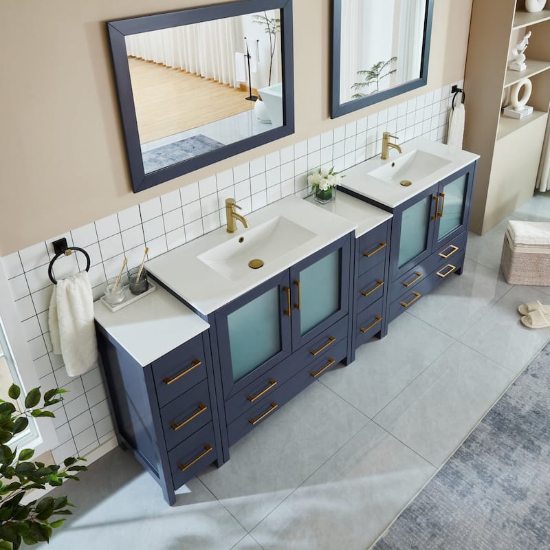 Vanity Art 96" Double Sink Bathroom Vanity Set 10 Dove-Tailed Drawers, 3 Cabinets, 2 Shelves Soft-Closing Doors with Free Mirror
