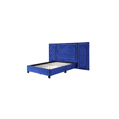 Vintage Queen Bed Frame - Blue Velvet Upholstered Bed - Elegant Bedroom Furniture