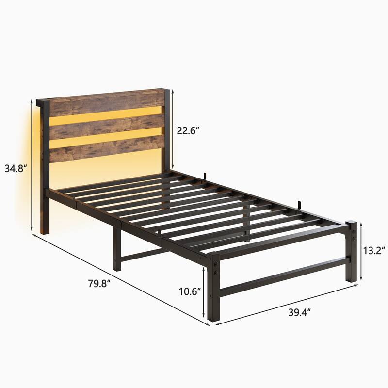 Modern Metal Bed with Wooden Headboard, RGB Lights & Storage Shelf