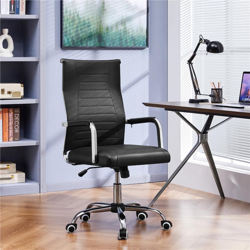 Yaheetech Modern Faux Leather Office Desk Chair with Metal Base - N/A - Black