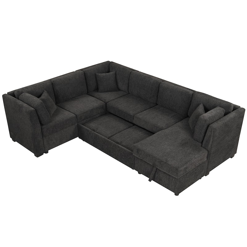 Roomfitters U-Shaped Sectional Sofa Pull-Out Bed with USB Ports, Power Sockets, Three Back Pillows, and Storage Chaise