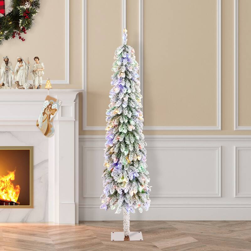 Glitzhome 4.5ft/6ft/7.5ft Pre-Lit Flocked Artificial Snowy Downswept Christmas Tree with Foot Pedal Control LED Lights - 1-Piece 6ft