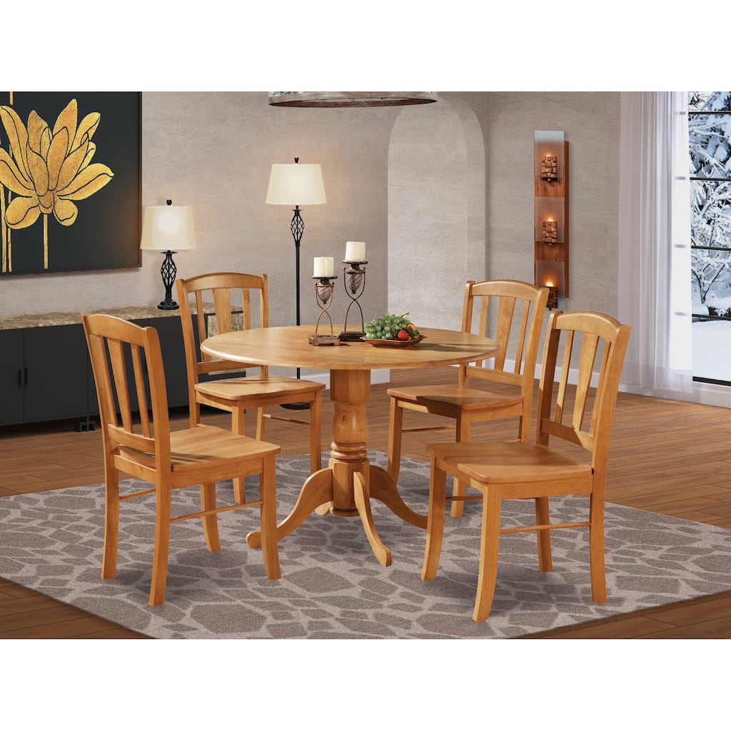 East West Furniture 5 Piece Kitchen Table Set- a Round Dining Room Table with Dropleaf and 4 Dining Chairs, Oak