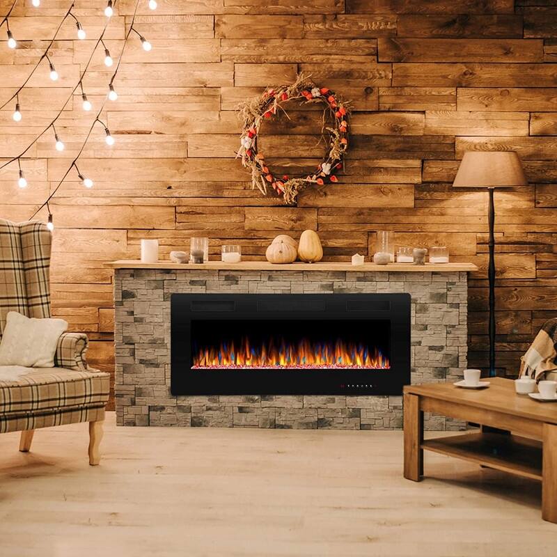 Recessed Wall-mounted Electric Fireplace with Remote Control, 16 Flame Colors and Timer