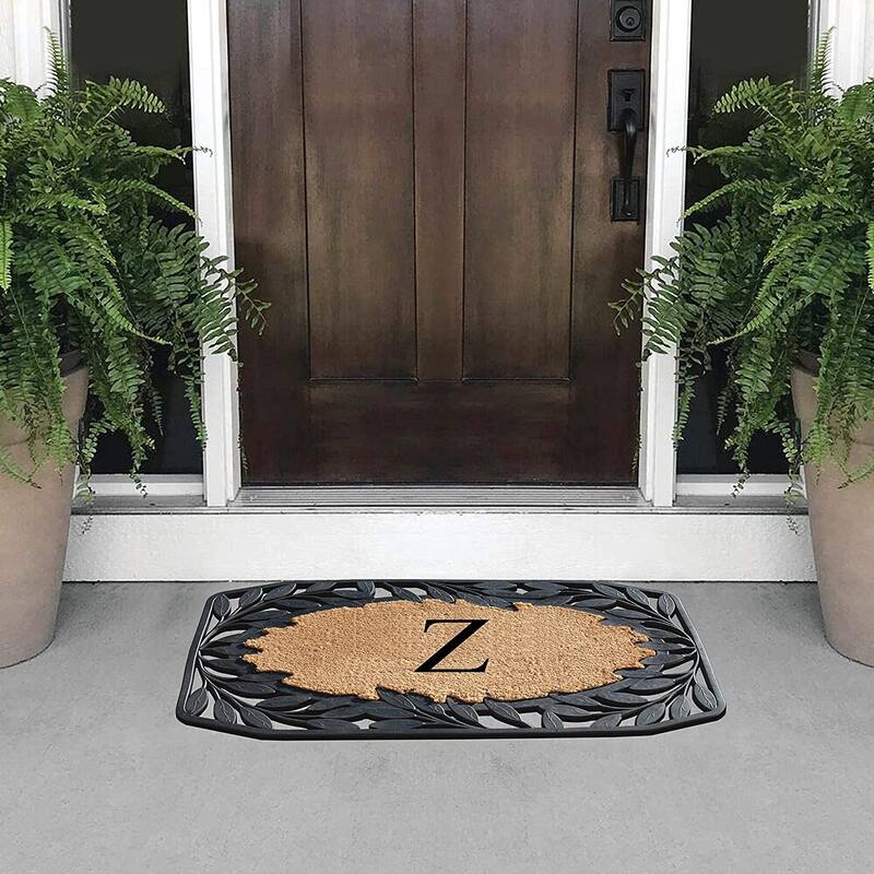 A1HC Rubber and Coir Stylish Leaf Border Large Outdoor Durable Monogrammed Doormat, Black - 23" X 38"