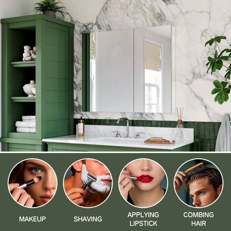 36x30 in Mirrored Medicine Cabinet, Dual-Swing, Tri-View, Copper-Free, Blum Soft-Close, Recessed/Surface, Chrome Aluminum