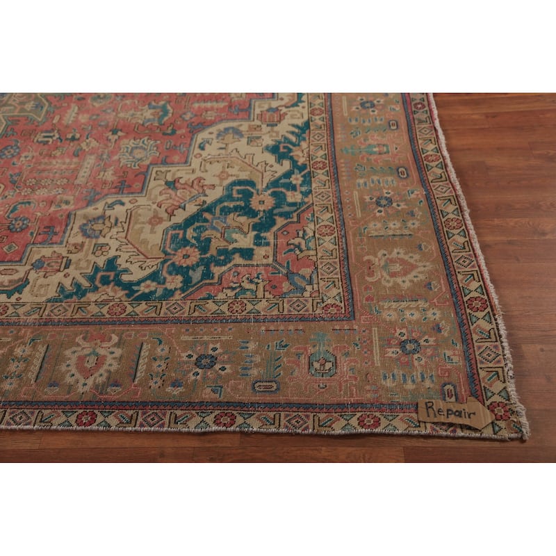 Pink Geometric Tabriz Persian Area Rug Hand-Knotted Wool Carpet - 9'7"x 12'7"