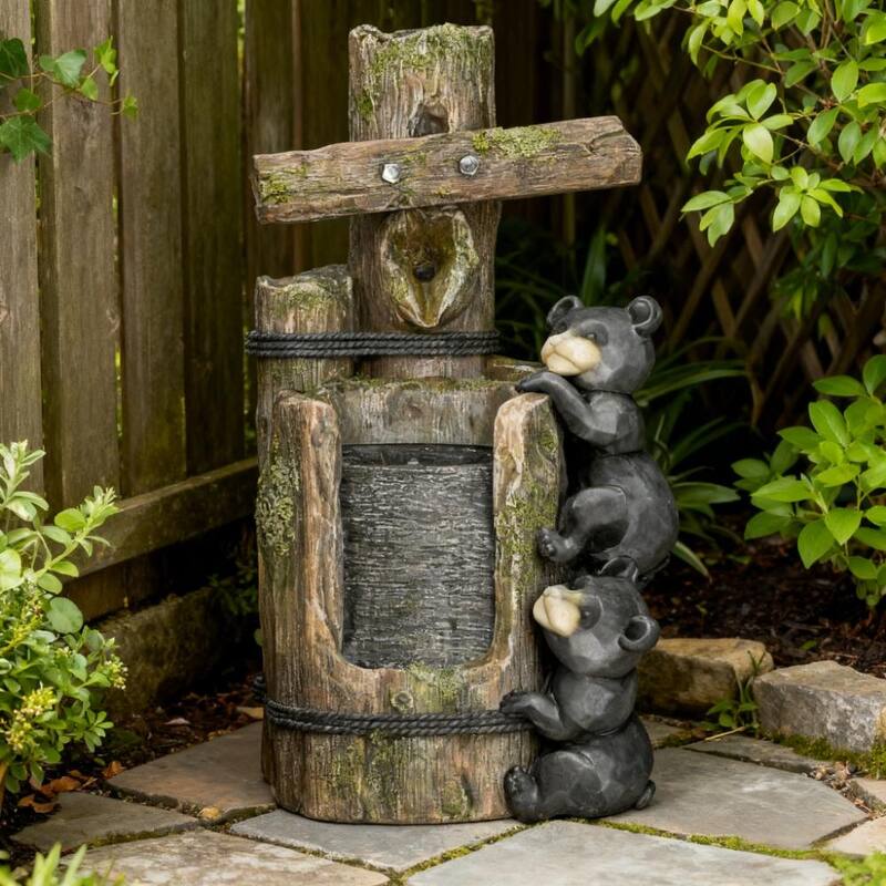3-Tier Resin Bears on Log Outdoor Waterfall Fountain,Water Fountain with LED Lights, Pump - Black