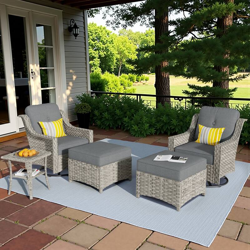 HOOOWOOO 5-piece Rattan Outdoor Furniture Patio Swivel Chair Chat Set with Ottoman