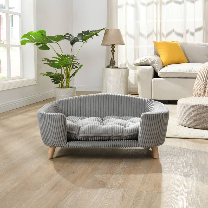 Roomfitters Modern Dog Sofa Bed, Corduroy Pet Couch with Supportive Foam and Wooden Legs, Elevated Design