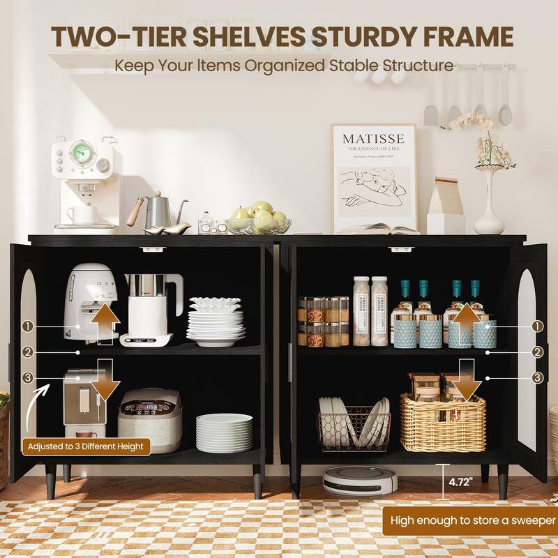 Sideboard Buffet Kitchen Storage Cabinet with Rattan, Solid Wood Feet for Living Room