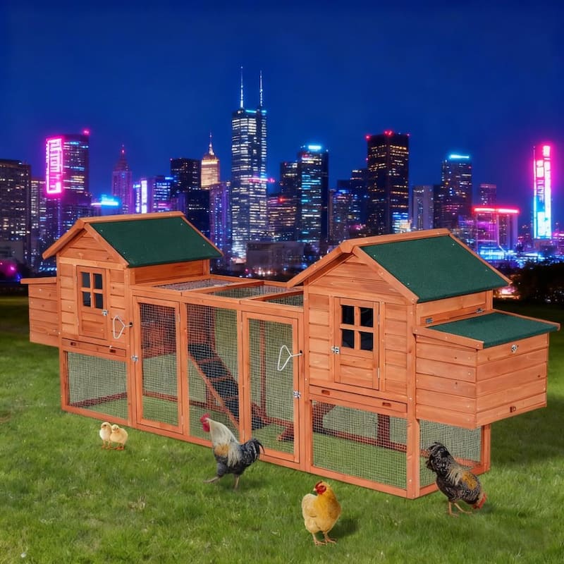 124" Large Dual Chicken Coop & Rabbit Hutch - Wooden Hen House & Poultry Cage