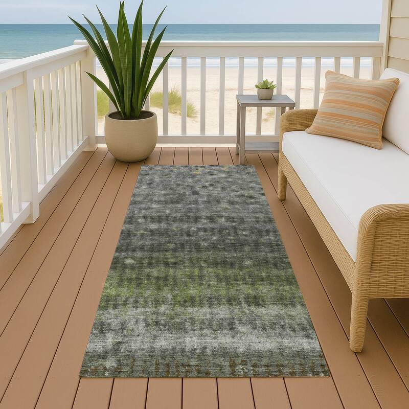 Machine Washable Indoor/ Outdoor Abstract Ombre Chantille Rug - Olive - 2'3" x 7'6"