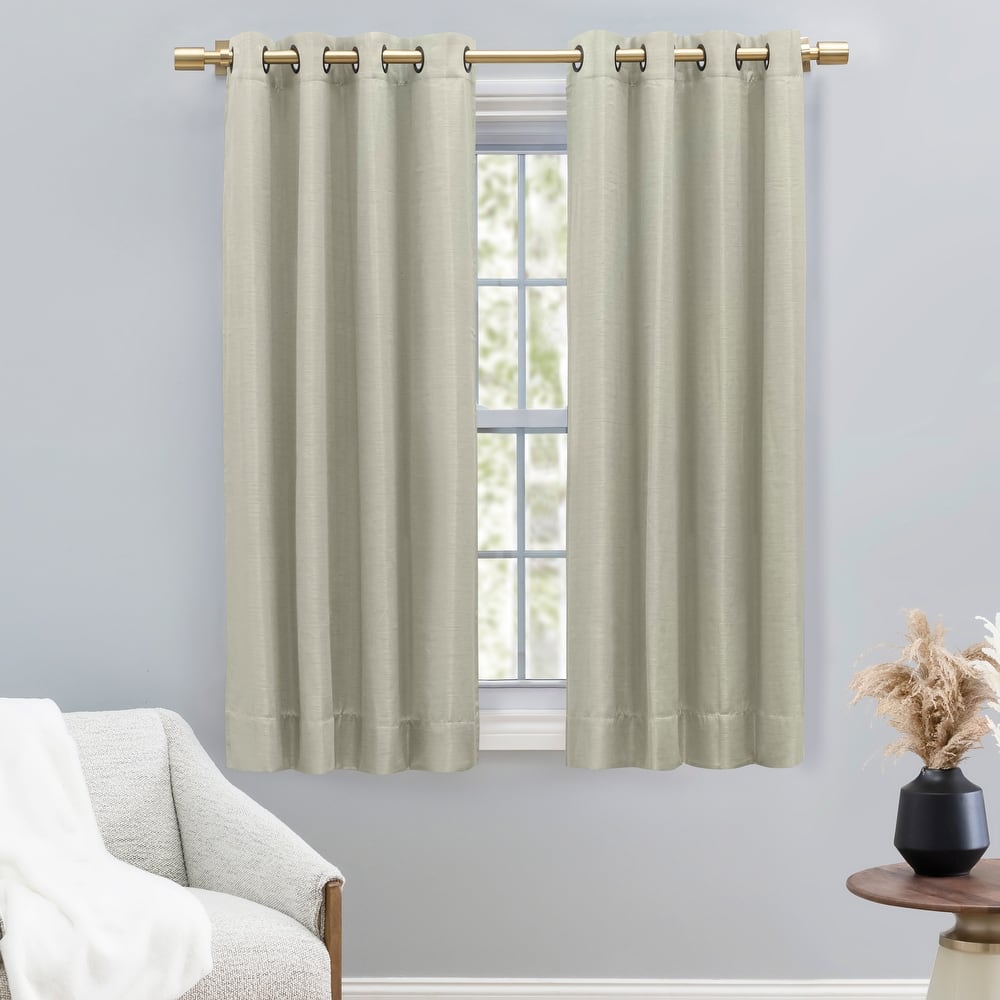 Premium Grasscloth Soft Sheen Grommet Short Curtain Panel w/ Pull Wand