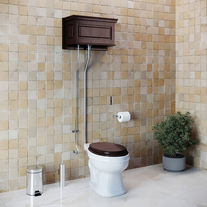 Dark Oak Wooden High Tank Toilet Raised Tank, Round White Bowl and Satin L Pipes