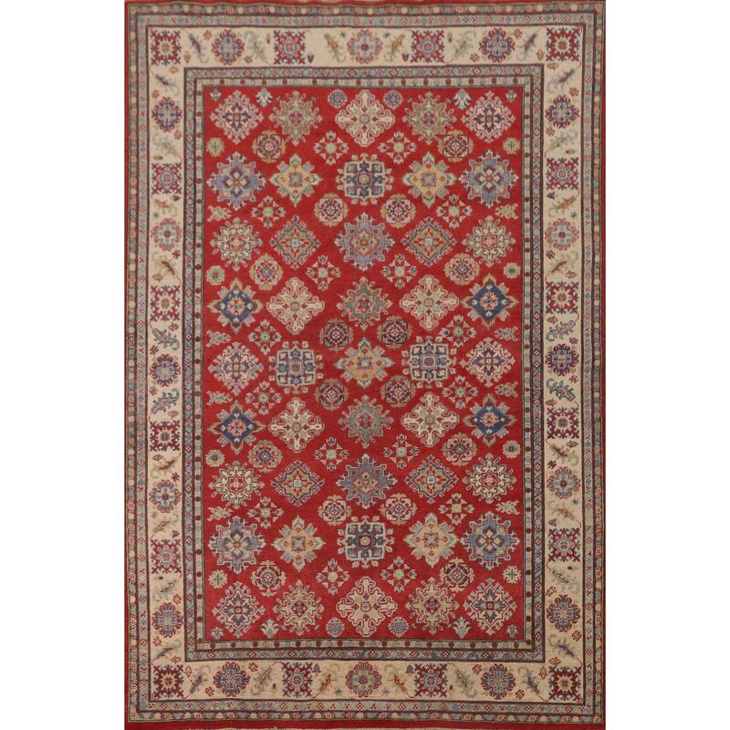 All-Over Geometric Kazak Area Rug Hand-Knotted Wool Carpet - 6'6" x 9'6"