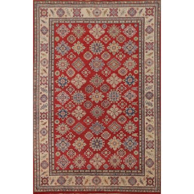 All-Over Geometric Kazak Area Rug Hand-Knotted Wool Carpet - 6'6" x 9'6"