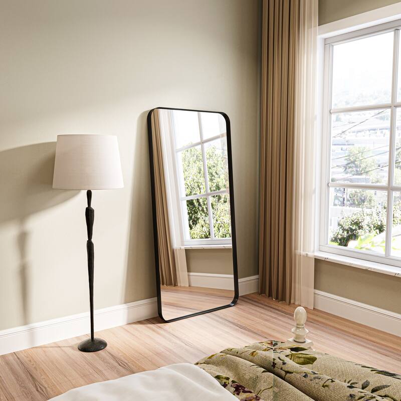 Organnice Rectangular Aluminum Framed Modern Rounded Wall Mount Mirror