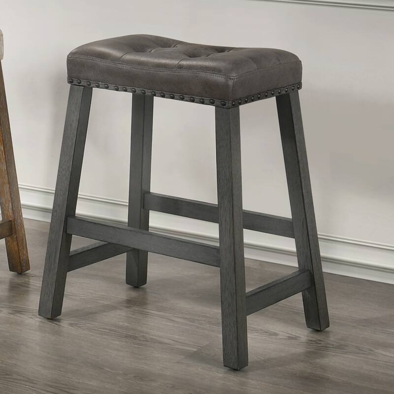 Backless Counter Stool Set of 2 - 25 Inch Wooden Barstool with Leather Seat, Sturdy Frame - Space-Saving Counter-Height Seating