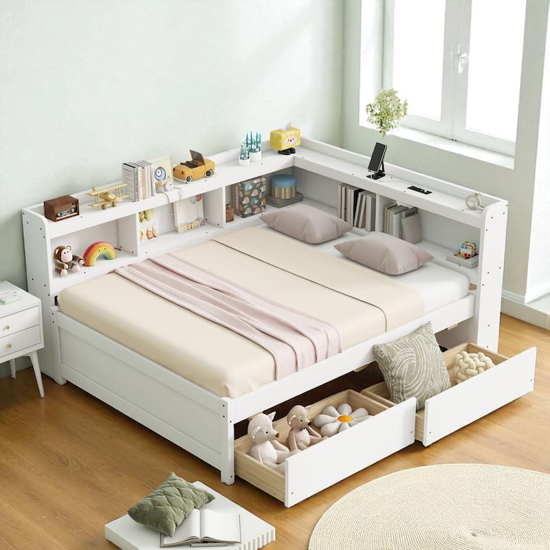Full Size Bed with L-Shaped Bookcases, Power Outlets, USB Ports and 2 Storage Drawers - White - Full