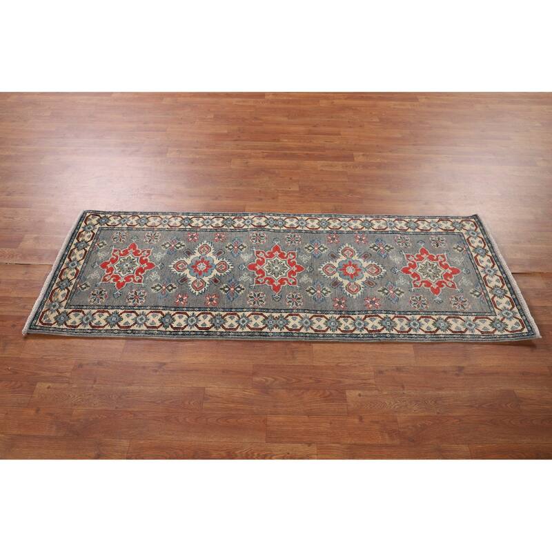 Geometric Grey Kazak Oriental Runner Rug Hand-Knotted Wool Carpet - 2'2" x 5'11"
