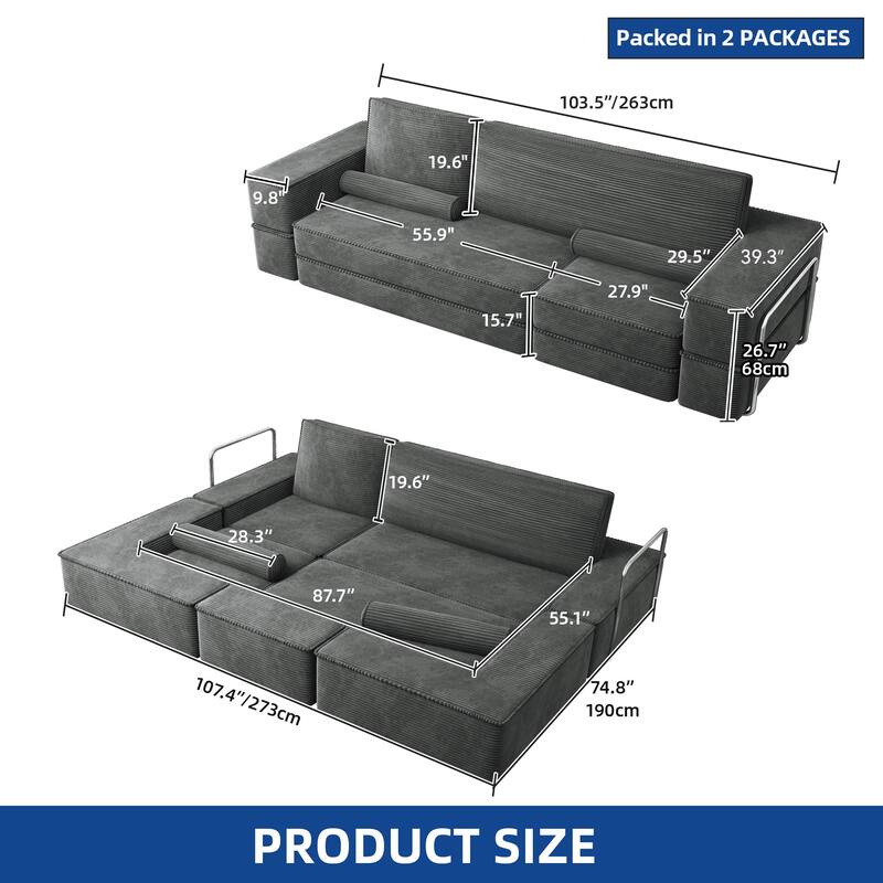 103.5" Convertible Cloud Sectional Couch, Comfy Corduroy Sectional Sofa with Deep Seat & High Pillows