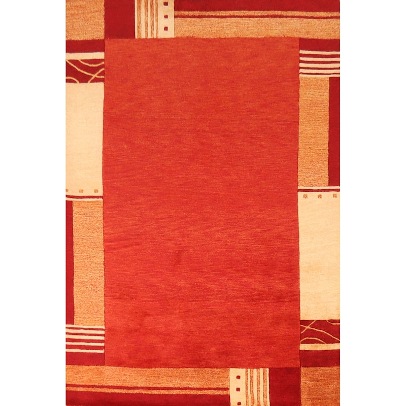 Orange Gabbeh Indian Area Rug Hand-Tufted Solid Wool Carpet - 5'3" x 7'7"