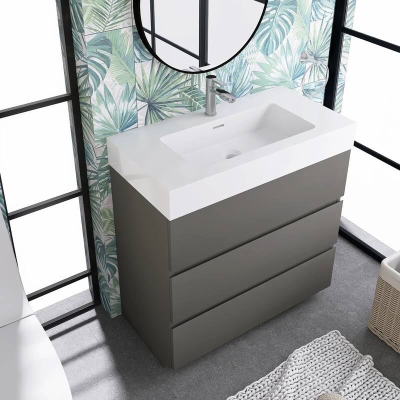 Freestanding Bathroom Vanity with White Solid Surface Top