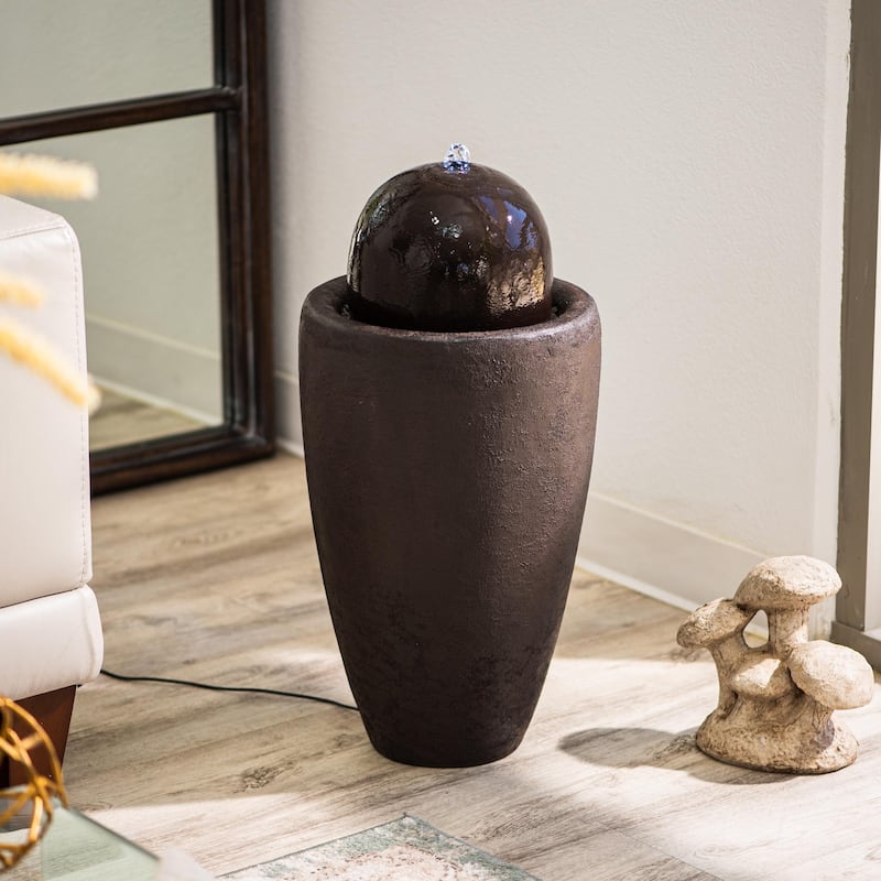 XBrand 25.98"H Modern Round Stone Textured Sphere Water Fountain w/LED Lights, For Indoor/Outdoor, Ball Water Fountain