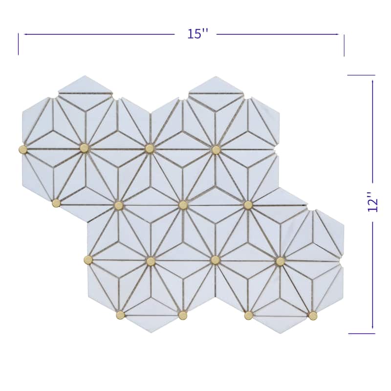 Thassos White Hexagon Marble With Gold Accents Mosaic Tile - 1 Case (10 Sheets)