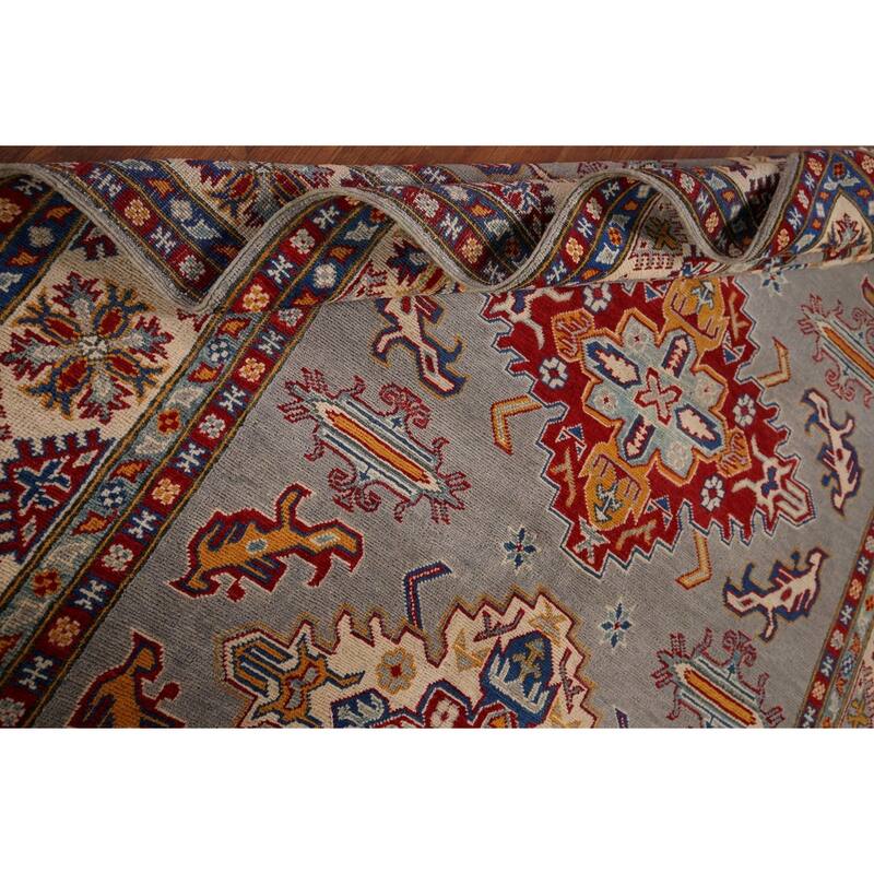 Geometric Kazak Rug Hand-Knotted Grey Traditional Wool Carpet - 5'10" x 8'4"