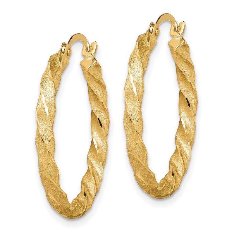 Curata 14k Yellow Gold Twisted Satin and Sparkle Cut Hoop Earrings - 26x25mm