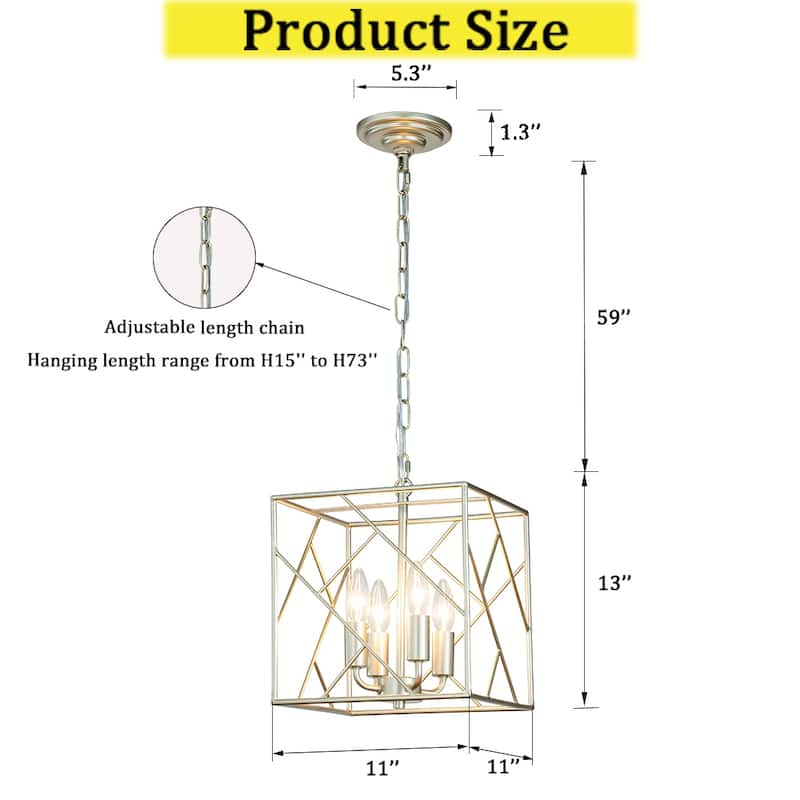 CraftHome W11" Vintage Farmhouse Lantern Cage Chandelier Square Metal Pendant Light in Antique Silver with Candle Style - W:13"