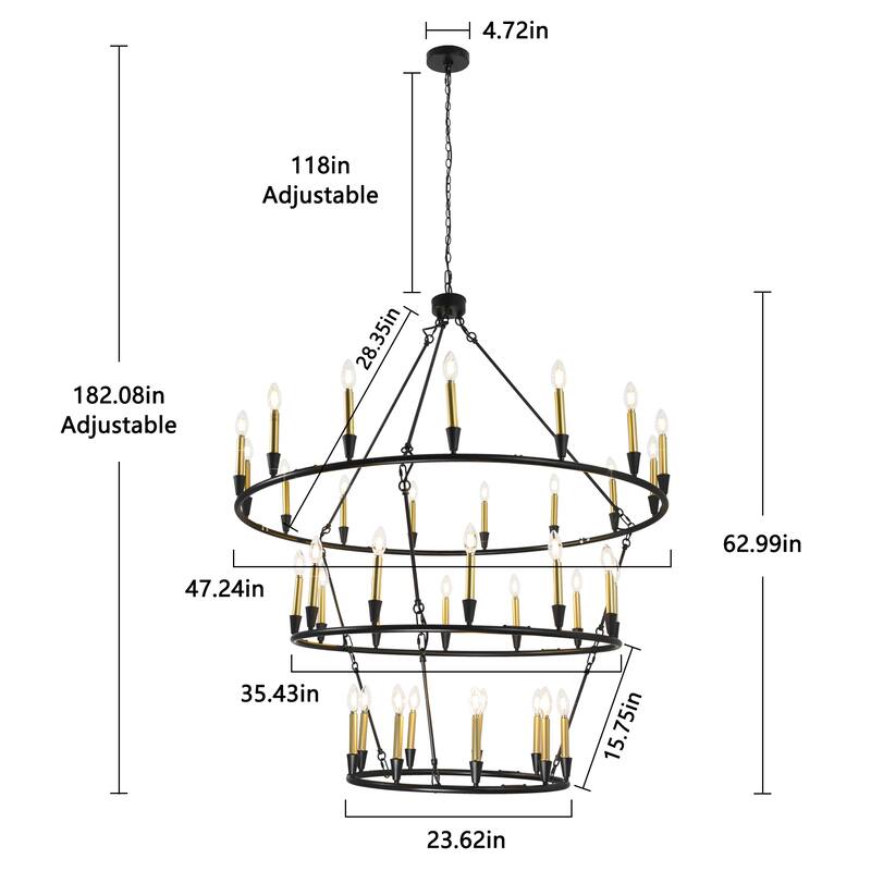 3Tier Wagon Wheel Chandelier Extra Large Chandeliers for High Ceilings - 36-Light