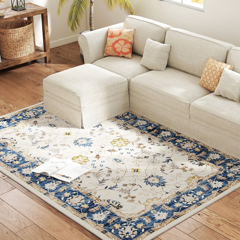 HOMCOM Area Rug 5x7, Machine Washable Rug, Non-Slip Boho Floral Print Floor Cover Foldable Carpet for Living Room - 6' x 7'