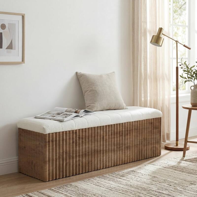 Upholstered End of Bed Storage Bench, 63" Farmhouse Wooden Entryway Bench with Cushion, Padded Ottoman