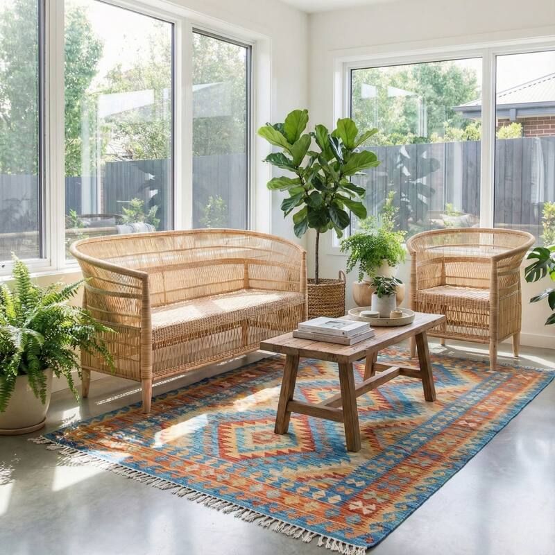 100% Handwoven Natural Rattan 2-Piece Indoor Seating Set with Chair and 3-Seater Settee, Solid Wood Frame, Boho Farmhouse - Natural