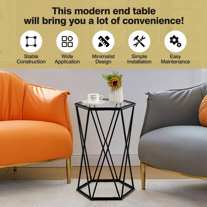 Hexagon Side Table End Table Small Coffee Accent Table w Glass Top